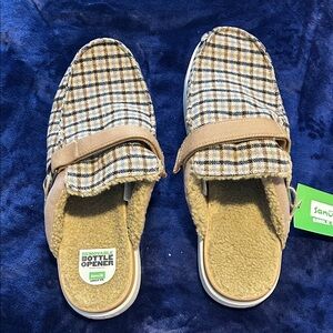 Sanuk Tan and Black Plaid Slip-On Shoes